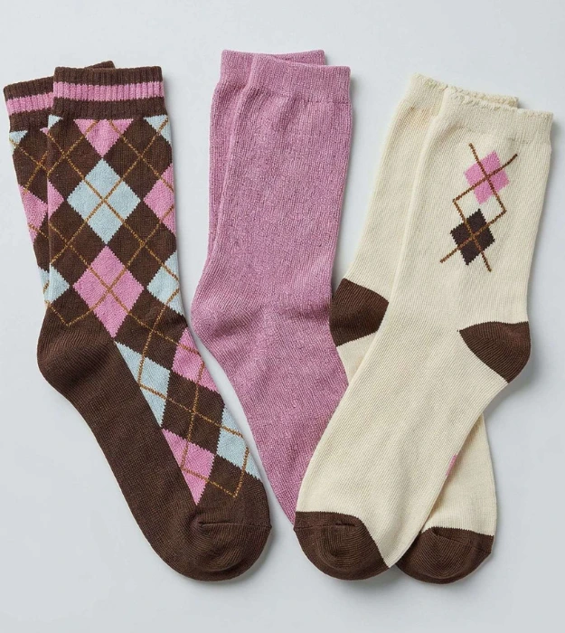Pack de 3 paires de chaussettes femme rose, écru et marron à motif argyle