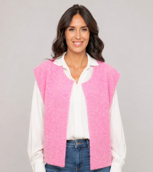 Femme portant un gilet rose sans manches en maille duveteuse sur une chemise blanche