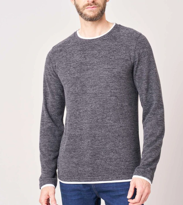Pull gris chiné pour homme à col rond et manches longues