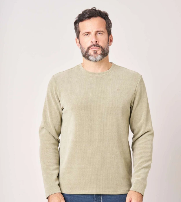 Pull homme beige kaki clair à col rond et manches longues