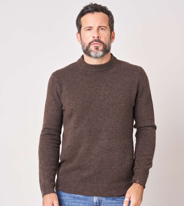 Homme portant le Pull Léon noisette en maille à col rond