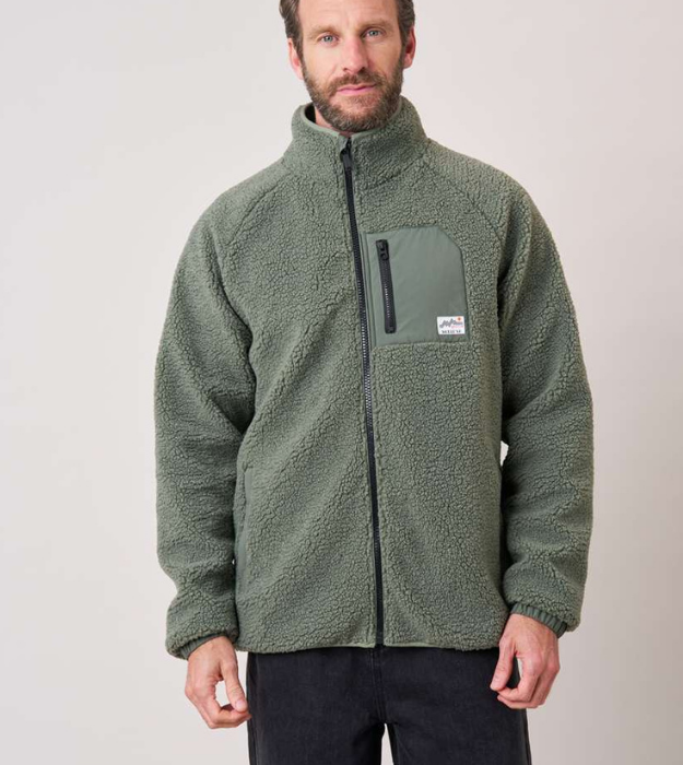Veste Trek polaire sherpa kaki pour homme avec poche poitrine zippée